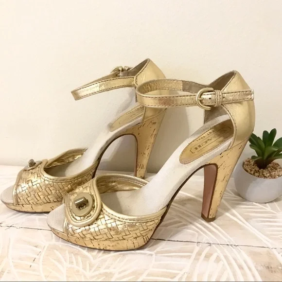 Coach Dianah Metallic Gold Cork Strap Pumps Heels - Picture 4 of 8
